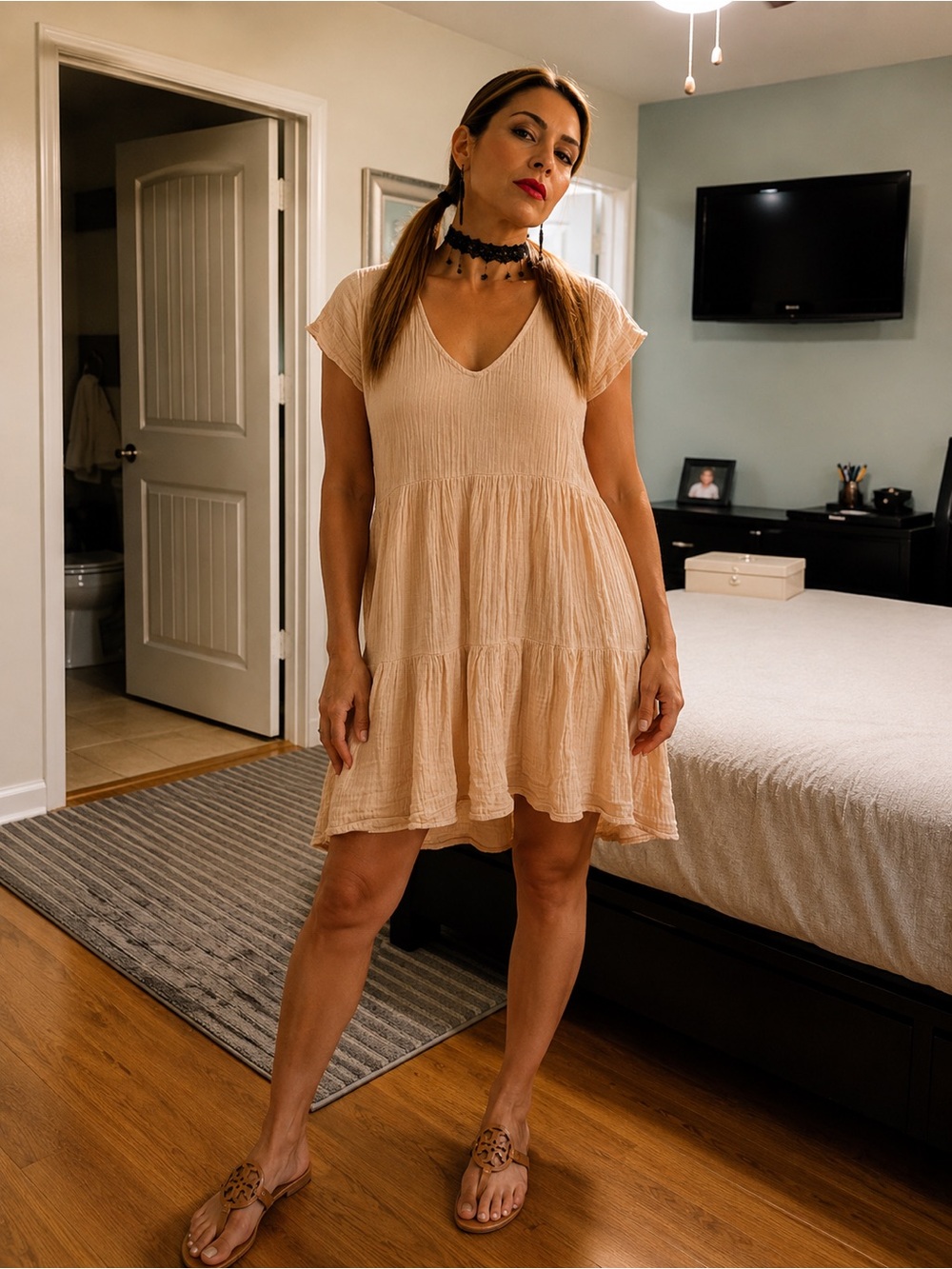 Rip Curl Pale Beige/peach Tiered V-Neck Mini Dress